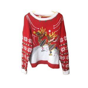 Holiday Time Womens Pullover Christmas Sweater Red Sz XL (16/18) Reindeer Skates
